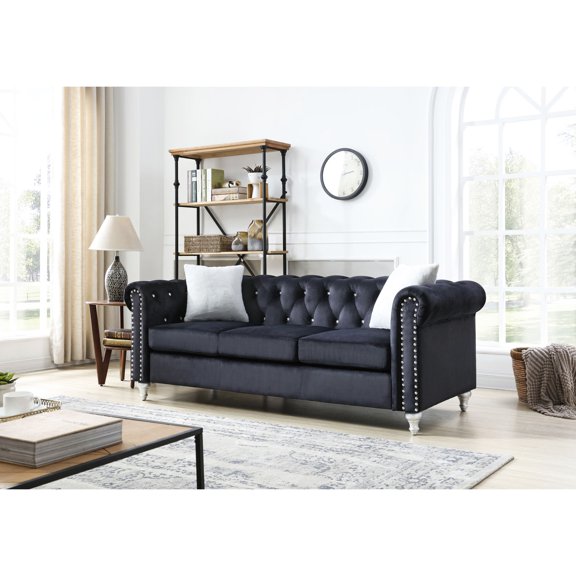 Black Velvet Sofa + Modern Elegance - Living Room Setup + Contemporary Decor Style