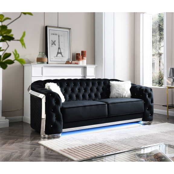 Black Velvet Sofa with Contrasting Pillows and Quilted Design / Stand Out in Your Home