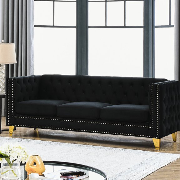 Black Velvet Sofa with Ergonomic Seating Surface / Relaxing All Day at Home