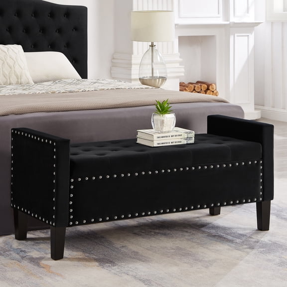 Black Velvet Storage Bench With Armrest And Buttons - Wood For Living Area, Entryway Spacious Internal Area Upholstery, Wooden Construction Room, Entry Ample Box