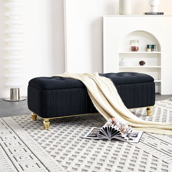 Gold Embroidery, Modern Glam Style - Black Velvet Storage Bench