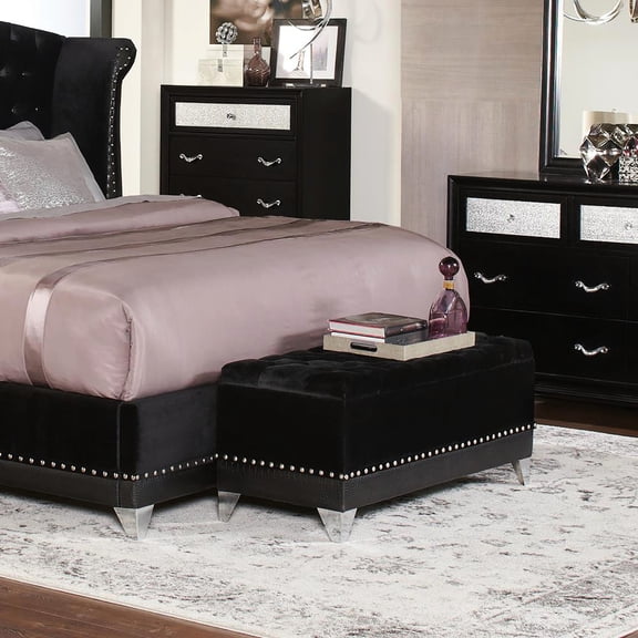Black Velvet Storage Trunk with Tufting | For Bathroom Storage of Household Goods | Featuring MDF and Nailhead Trim | Solves the Problem of Unorganized Goods