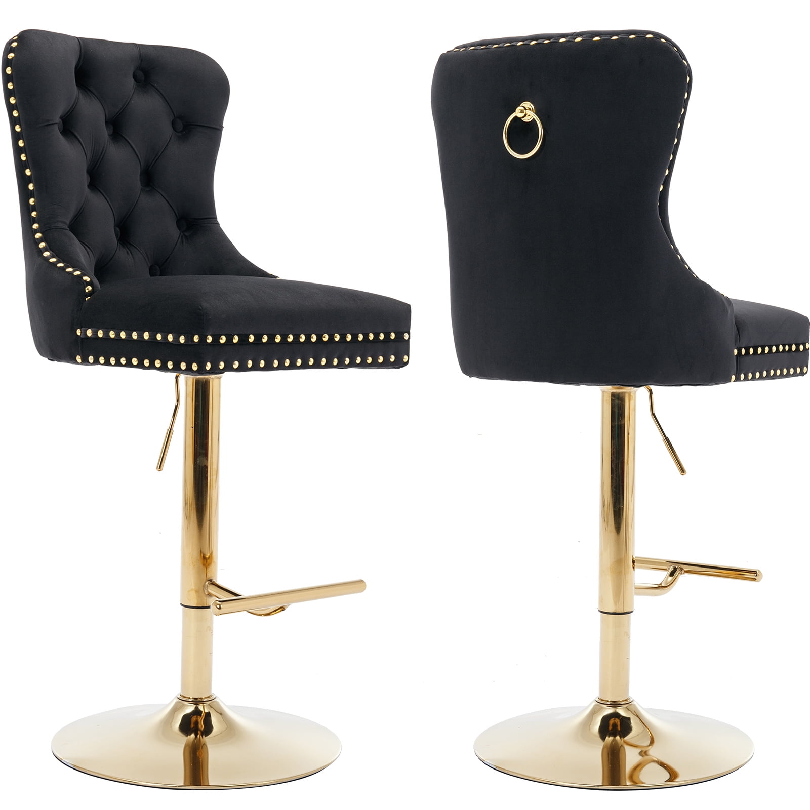 Black Velvet Swivel Bar Stools Set of 2 with Upholstered Back, Adjustable Counter Height Barstools, Bar Chairs for Home Bar Kitchen Island Pub Restaurant (2 Pcs, Black)