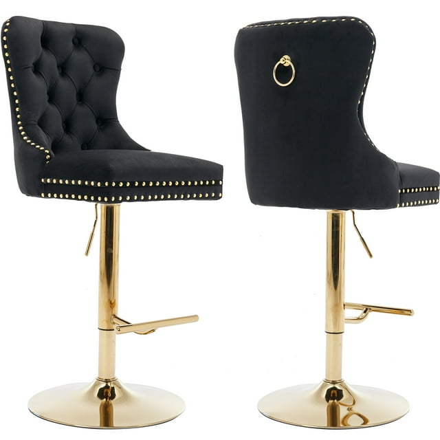 Black Velvet Swivel Bar Stools Set of 2, Adjustable Height, Upholstered
