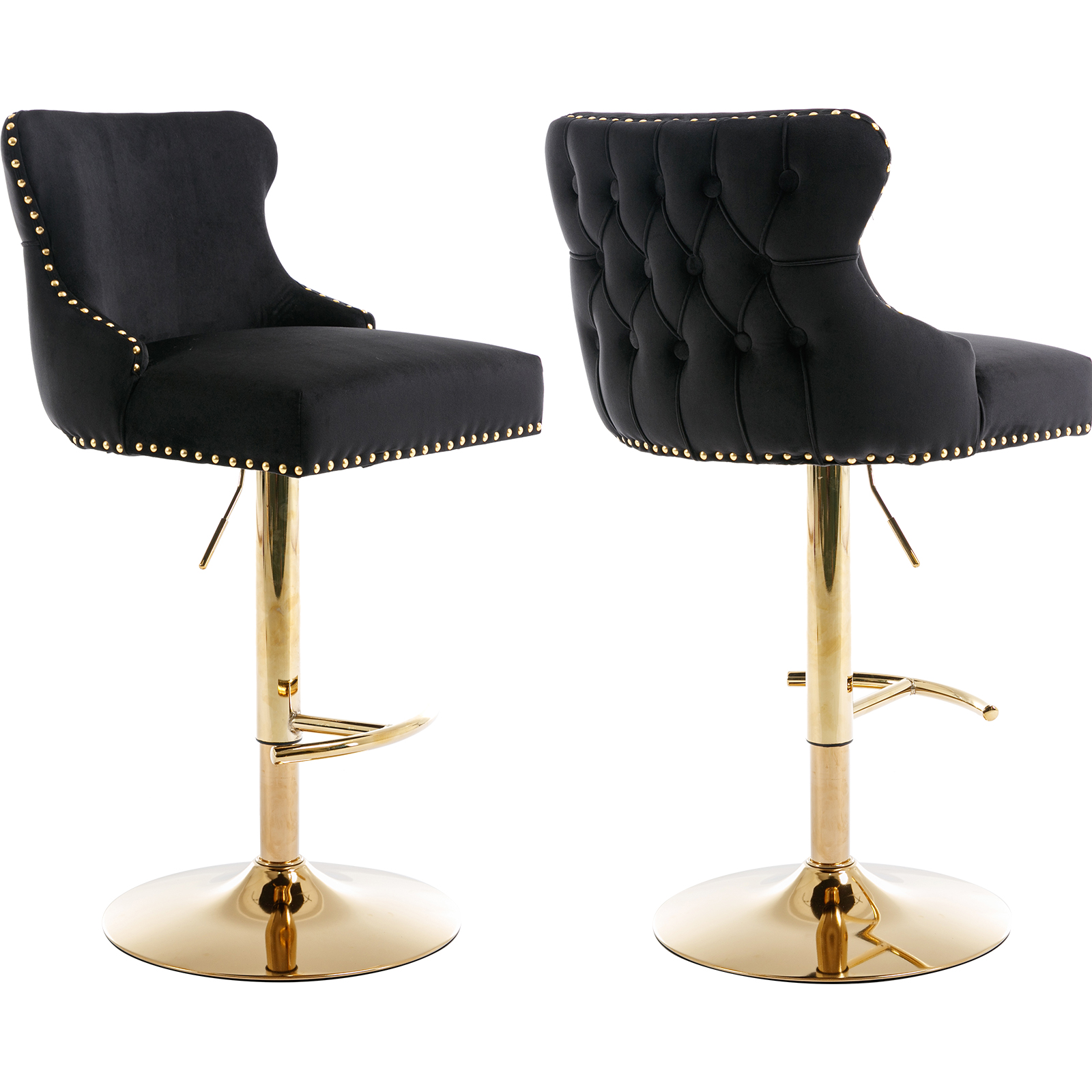 Black Velvet Swivel Bar Stools Set of 2 with Upholstered Back, Adjustable Counter Height