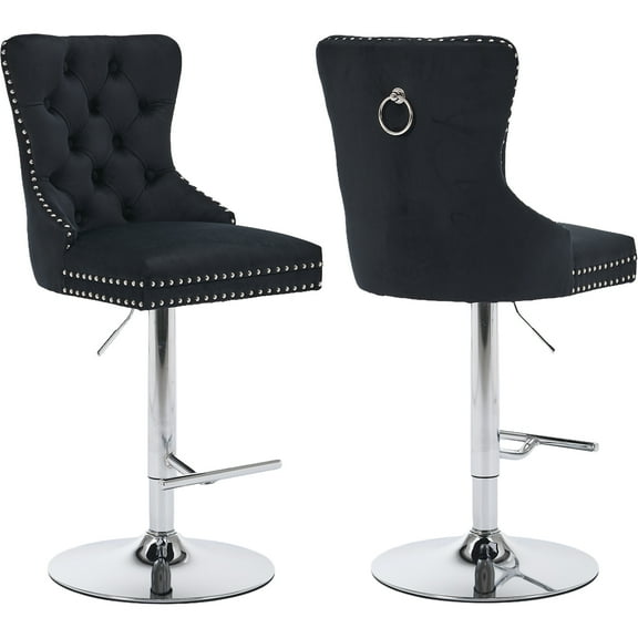 Black Velvet Swivel Bar Stools Set of 2 with Upholstered Back, Adjustable Counter Height Barstools, Modern Bar Chairs for Home Kitchen Island Pub Restaurant, Silver Base (Velvet, 2 Pcs, Black)