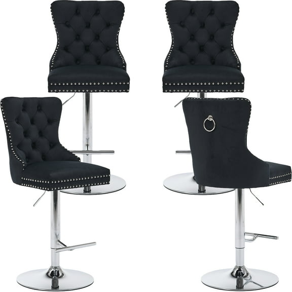 Black Velvet Swivel Bar Stools Set of 4 with Upholstered Back, Adjustable Counter Height Barstools, Modern Bar Chairs for Home Kitchen Island Pub Restaurant, Silver Base (Velvet, 4 Pcs, Black)