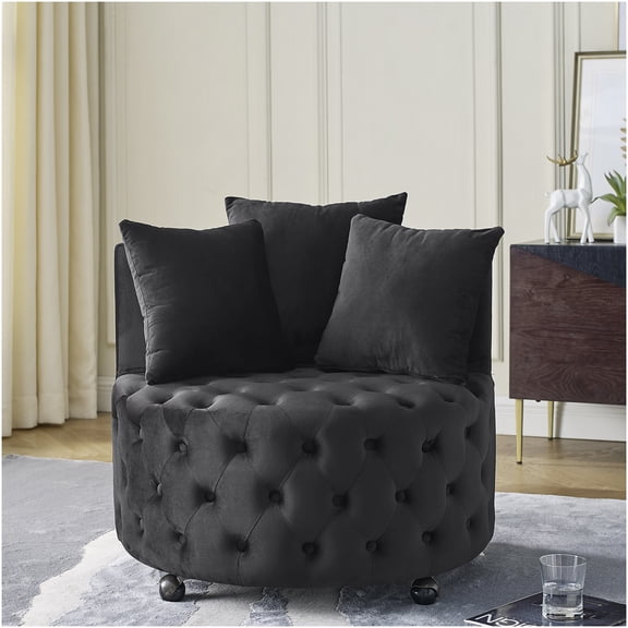 Black Velvet Swivel Chair with Button Tufted Back and Wheels, Plush Accent Chair with 3 Decorative Pillows for Living Room, Office, Bedroom