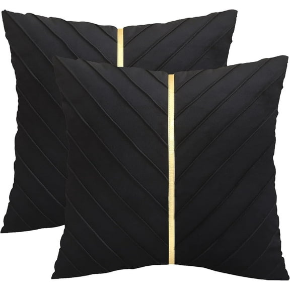 Black Velvet Throw Pillow Covers 18 x18 inch Pack of 2 with Gold Leather Decorative Couch Pillow Cover Luxury Modern Pillowcases for Wedding Living Room Bedroom Sofa Cushion Bed