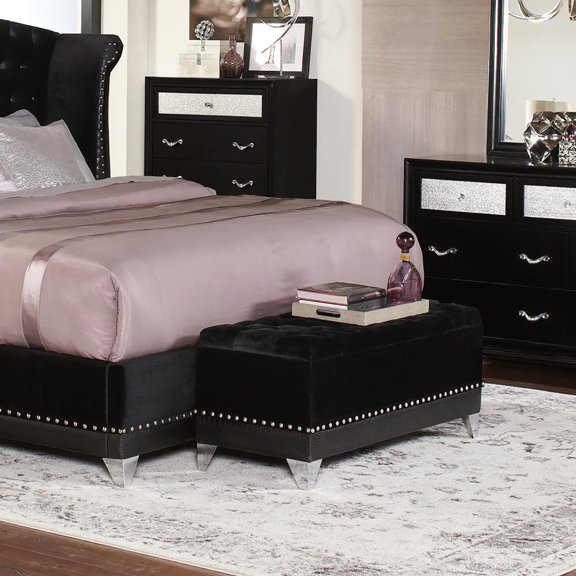 Black Velvet Upholstered - Button Tufting and Nailhead Trim - Bathroom Storage - Ample Space for Pillows and Blankets