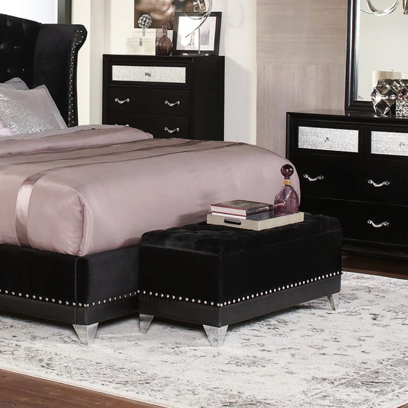 Black Velvet Upholstered - Button Tufting and Nailhead Trim - Bathroom Storage - Ample Space for Pillows and Blankets