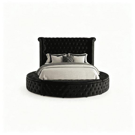Black Velvet Upholstered Queen Size Round Storage Bed with Wingback Headboard, USB Ports, and Tufted Crystal Buttons
