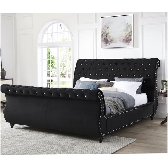 Black Velvet Upholstered Queen Sleigh Bed with Crystal Button Tufting and Nailhead Trim