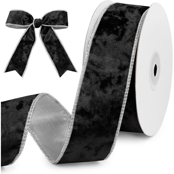 Black Velvet Wired Ribbon 1-1/2 Inch x 10 Yards Crushed with Wired-Edge Trim for Gift Wrapping, Christmas Tree Decoration, Garland Wreaths Bows Making