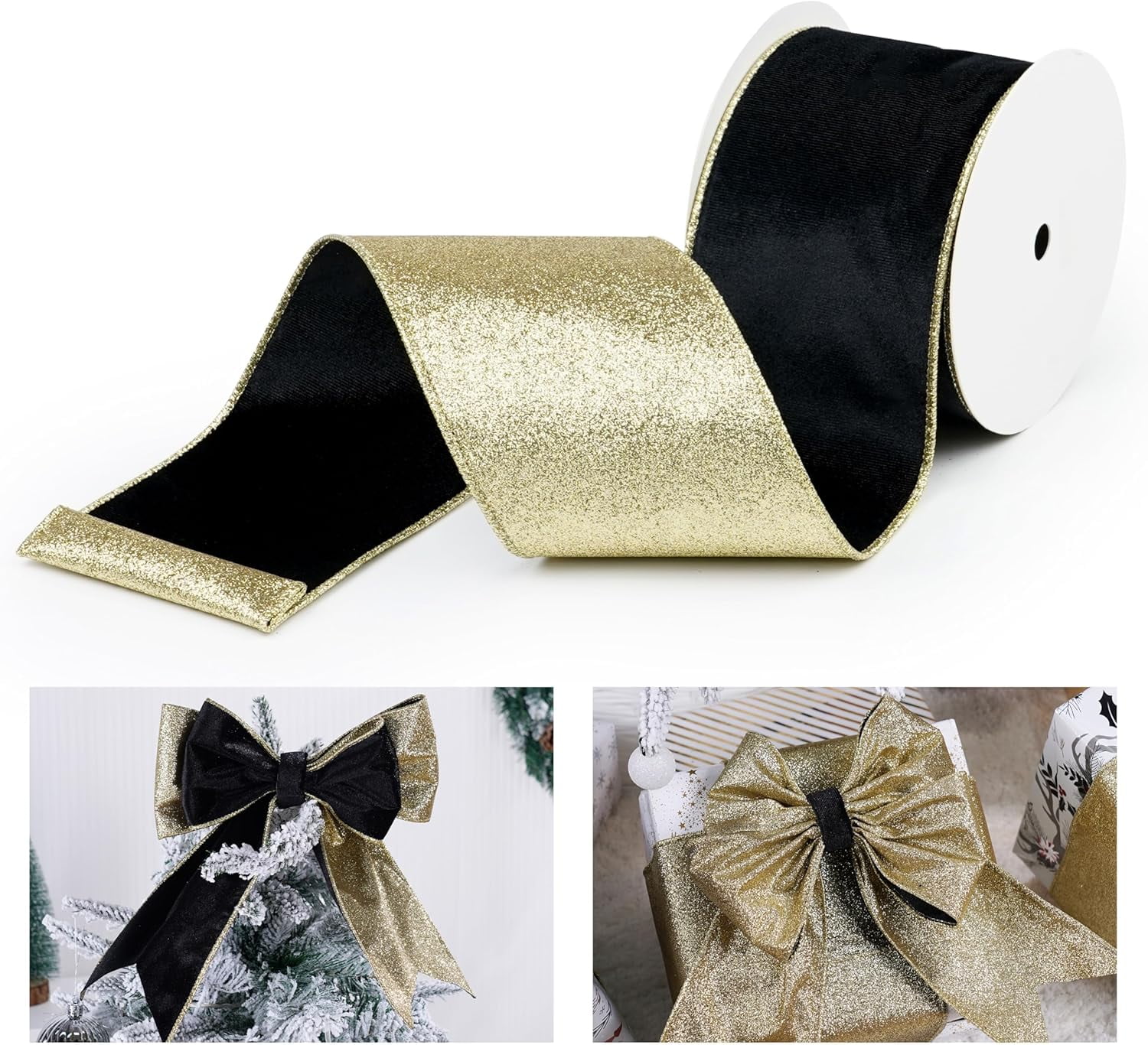 Black Velvet Wired Ribbon with Glitter Back 4 Inch Black and Gold Christmas Ribbon Wired Ribbon for Christmas Tree, Gift Wrapping, Mantel, Wreaths Supplies, Topper Bows (10 Yards)