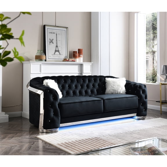 Black Velvet With Diamond Back, Contrasting Pillows - Glory Furniture G0593a-s Stunning Living Room , Faux Crystal Buttons