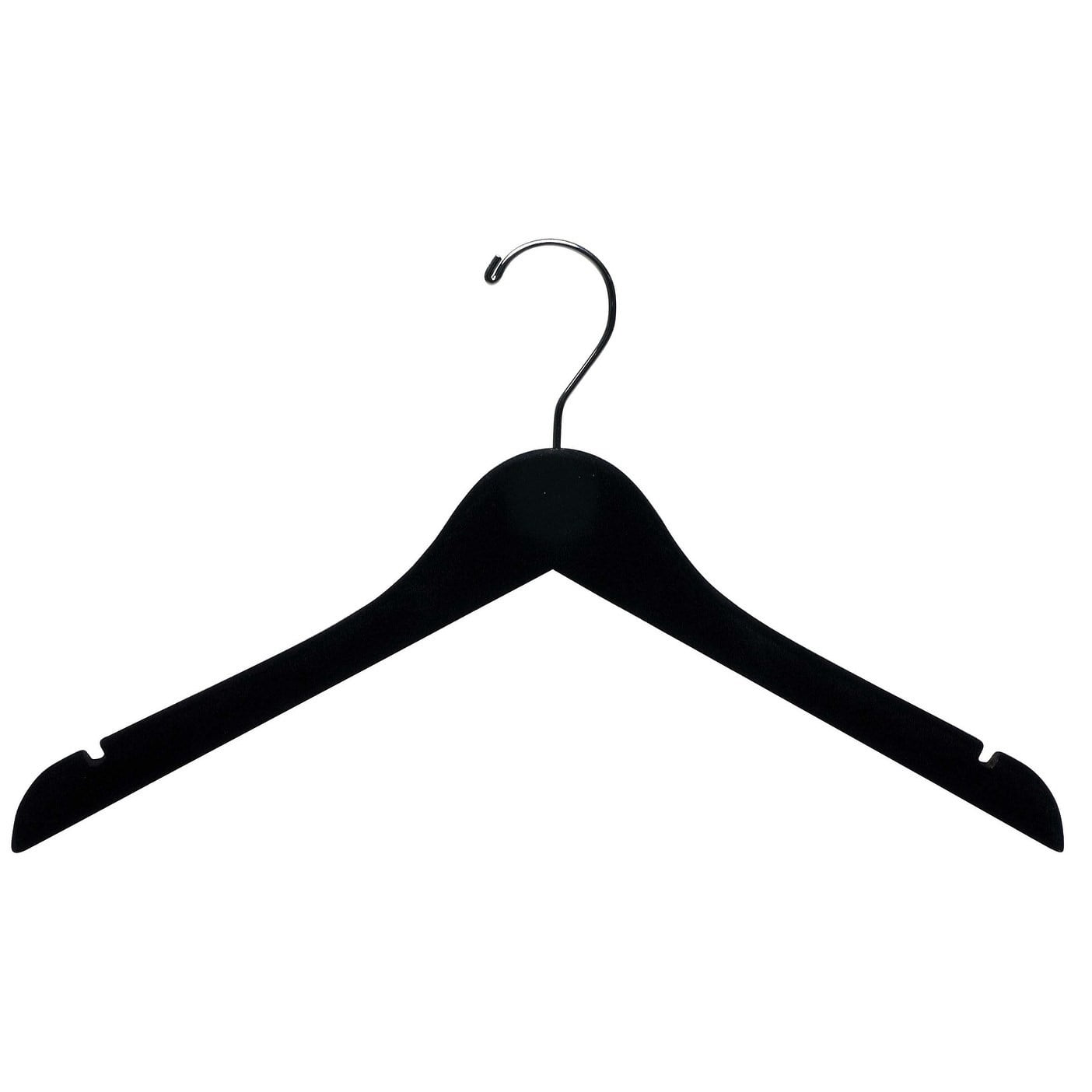 International Hanger Black Velvet Wood Top Hangers, 17" Space-Saving Flat Wooden Hangers, Chrome Swivel Hook, Notched, Box of 50
