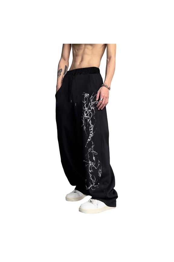 Black Vertical Gothic Skeleton Thorn Print Baggy Joggers Men Joggers For Men Y2K Clothes Gym Trousers Men, Oversized Wide Leg Trousers, Hip Hop Casual Skate Outdoor Gym Running Wear