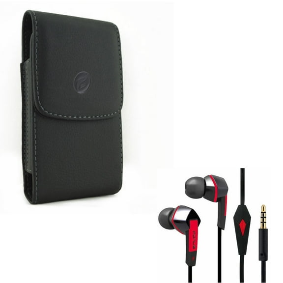 Black Vertical Leather Case w Headset Handsfree Earphones Earbuds w Mic Q6J for Alcatel Avalon V, REVVL 2, Idol 5S 5, 1x Evolve - ASUS Zenfone 3 Max 2E - Blackberry Key2, KEYone, LE - BLU S1