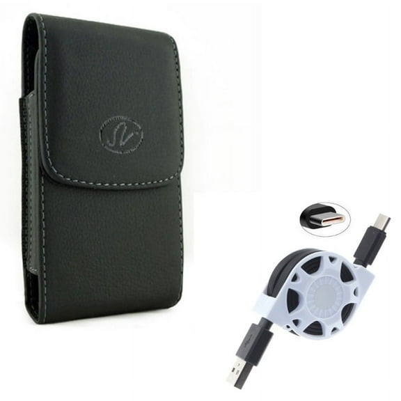 Black Vertical Leather Phone Case Cover Pouch w Retractable Type-C USB Cable Charge Sync Power Wire V6N for Motorola Moto Z Force Droid G7 Power - OnePlus 6, 6T - Razer Phone 2