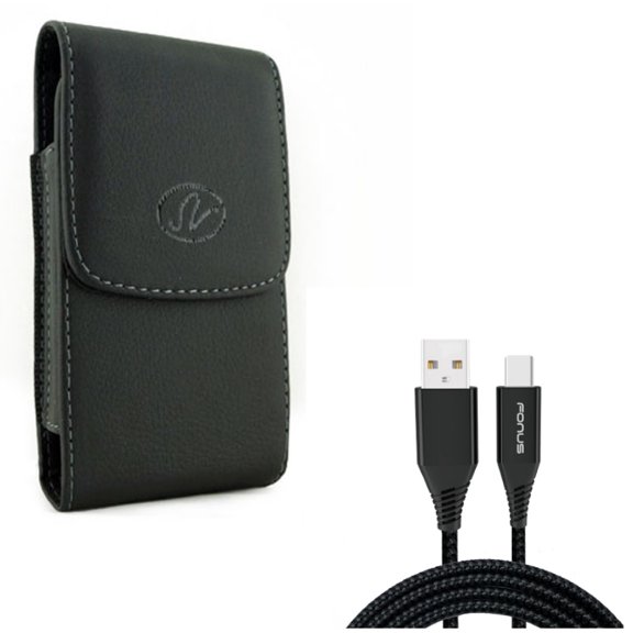 Black Vertical Leather Phone Case Cover Protective Pouch w 6ft Long Type-C USB Cable Braided Charger Power Cord G8K for ASUS ZenFone 5z 4 Pro - BLU Vivo XI Plus - CAT S48c - Google Pixel XL