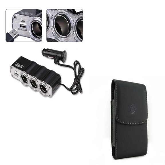 Black Vertical Leather Phone Case w Car Lighter Socket Splitter Three Port Charger Adapter Z9D Compatible With Google Pixel 3a XL
