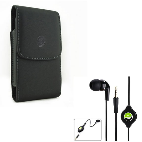 Black Vertical Leather Phone Case w Retractable Headset MONO Hands-free Earphone Mic D1A for Blackberry Key2 LE - BLU S1, Vivo XI, Pure View, Life One X2 - Coolpad Illumina - Google Pixel 3a