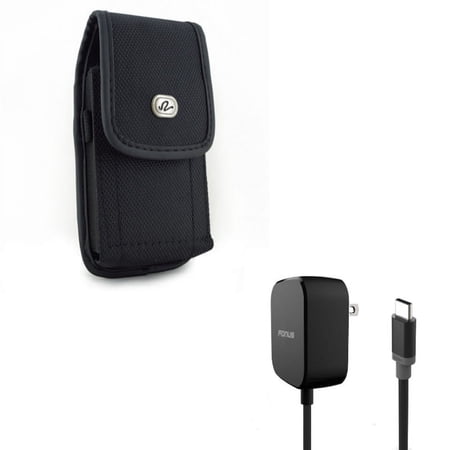Black Vertical Rugged Canvas Case w 15W Adaptive Fast Home Charger 5ft Long Cable Turbo Charging Support Z5Y for LG G5 G6, V30 V35 ThinQ - Motorola Moto Z Droid X4 - Nokia 8