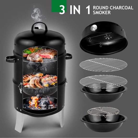 Black Vertical Steel Charcoal Smoker, Heavy Duty Double Layer Round BBQ Grill for Outdoor Grilling & Smoking