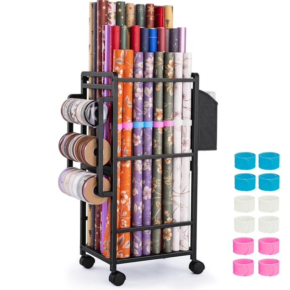 Black Vertical Wrapping Paper Storage Utility Cart with Adjustable Rods