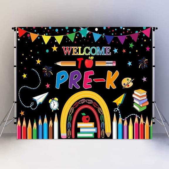 Black Vibrant Welcome Back to Preschool Backdrop for Kids Children Preschool First Day Kindergarten Classroom Supplies Decor Books Pencils Background Photo Booth Props