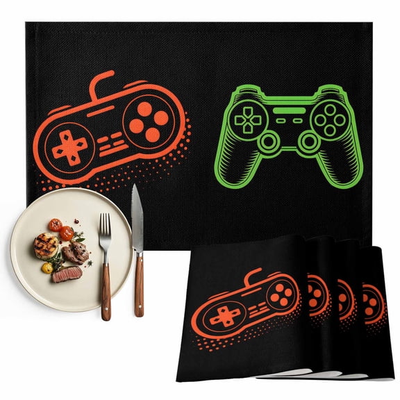 Black Video Game Themed Placemats Set of 2, Gamer Game Controller Lines Table Mats Washable Heat-Insulation Non-Slip Place Mats for Kitchen Dinner Table Indoor Outdoor Decor,13x19 Inch