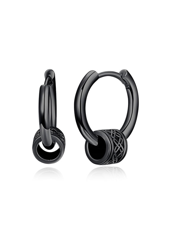 Black Viking Celtic Knot Bead Huggie Hoop Earrings for Men, Punk Rock Small Dangle Hoop Earrings, Hypoallergenic Stainless Steel Norse Irish Jewelry Gifts