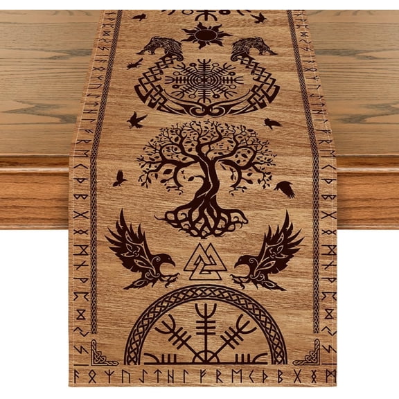 Black Viking Table Runner Tree of Life Helmet of Awe Table Cloth, Kitchen Dining Table Decoration for Home Party Decor
