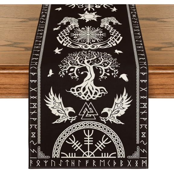 Black Viking Table Runner Tree of Life Helmet of Awe Table Cloth, Kitchen Dining Table Decoration for Home Party Decor