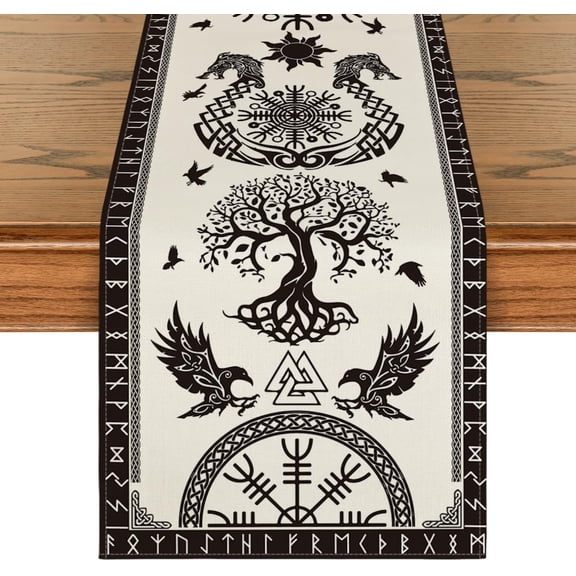 Black Viking Table Runner Tree of Life Helmet of Awe Table Cloth, Kitchen Dining Table Decoration for Home Party Decor