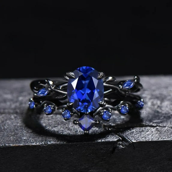 Black Vine Blue Sapphire Engagement Ring Set in 14K Black Gold Vermeil – Gothic Nature-Inspired Wedding Ring for Wife – Handmade Jewelry – September Birthstone