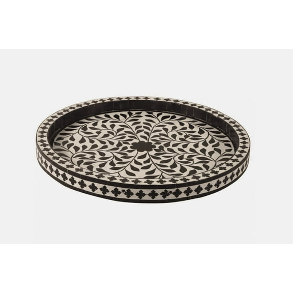 Black Vine and Leaf Bone Inlay Tray Ivory Beige Background Alternating Diamond Border Stylish Serving Decorative Tray for Home