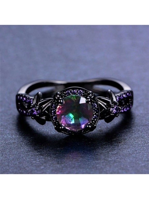 Black Vintage Alloy Ring With Iridescent Center Stone And Purple Accents For Women