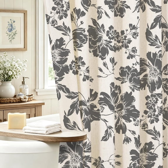 Black Vintage Boho Botanical Floral Linen Shower Curtain, 36x72 | Small space narrow stall French country cottagecore boho style. Soft linen blend fabric, elegant half bath decor.