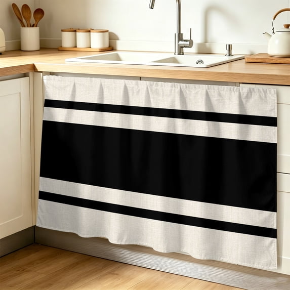 Black Vintage Cabinet Curtain 32"Wx55"L, Dustproof Pantry Door Curtain with Self Adhesive Tape, Geometric Stripes Simple Lines Tall Storage Cover Privacy Drape for Bathroom Kitchen Laundry Room