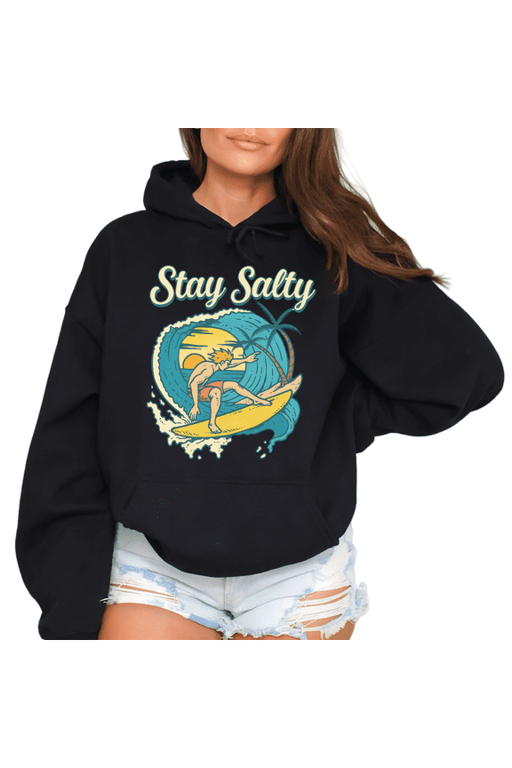 Black Vintage California Surf Print Hoodie Graphic Sweatshirt S-2XL Stay Salty Youth Beach Camp Tops