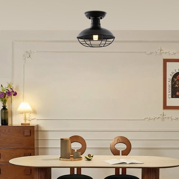 Black Vintage Ceiling Hanging Pendant Light Metal Cage Semi Flush Mount Loft Lamp for Living Rooms