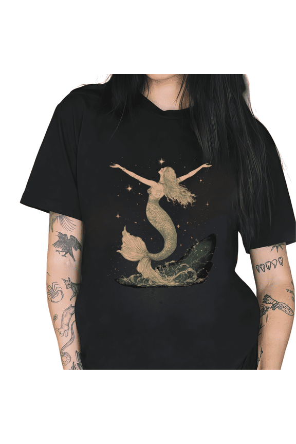 Black Vintage Celestial Mermaid Starry Wave Print Tshirt Graphic Tees Shirts Mythical Sea Lover Gift Casual Tops S-5XL
