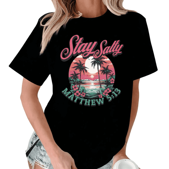 Black Vintage Christian Beach Print T-Shirt Graphic Tees Shirts Stay Salty Faith Gift S-5XL Tops