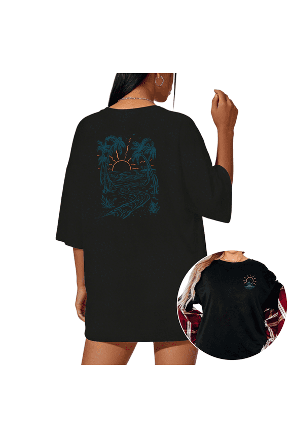 Black Vintage Coastal Beach Line Art Print Tshirt S-5XL Graphic Tees Shirts Beach Lover Holiday Tops