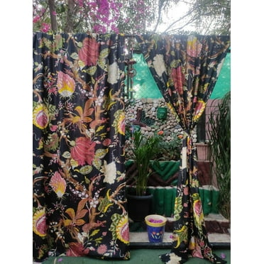 Black Vintage Floral Curtain, Set Of Two Panels, Boho Drapes, with Matching Tie Back. Can Be Customised to Blackout Drapes