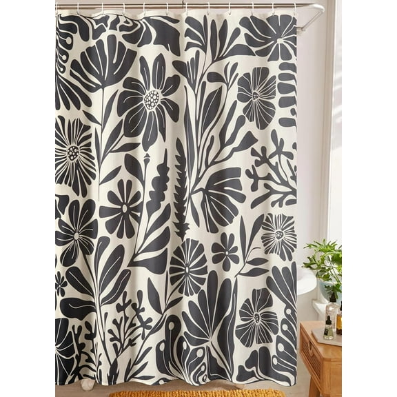 Black Vintage Floral Faux Linen Shower Curtain for Bathroom Decor - 210GSM Heavy Duty Modern Farmhouse Country Rustic Matisse Plants Botanical Shower Curtain Set with Hooks