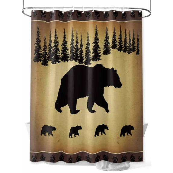 Black Vintage Forest Bear Shower Curtain, Country Farmhouse Pine Bathroom Decor Curtains Set with Hooks, Brown Waterproof Fabric Home Accessories, 66 X 72 Inch Long