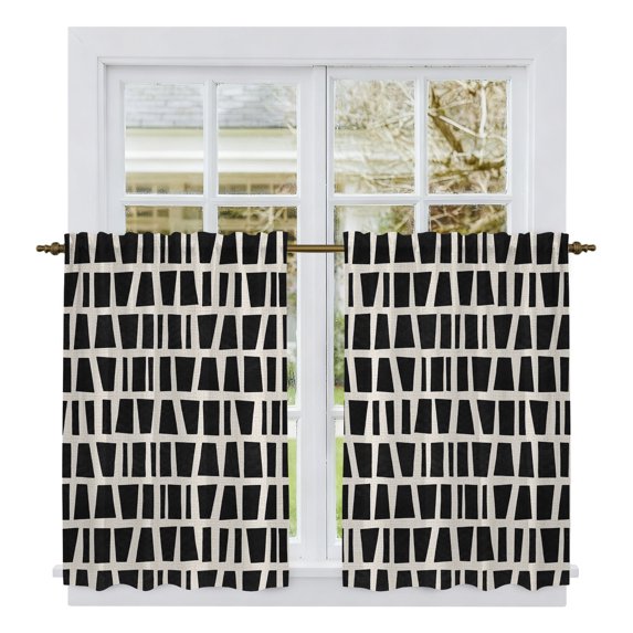 Black Vintage Geometric Tier Curtains 54 Inch Length, Retro Art Rustic Aesthetics Cafe Short Curtains for Bathroom Over Sink, Small Kitchen Curtain Light Filtering Tiered Drapes 2 Panels 27.5"Wx54"L